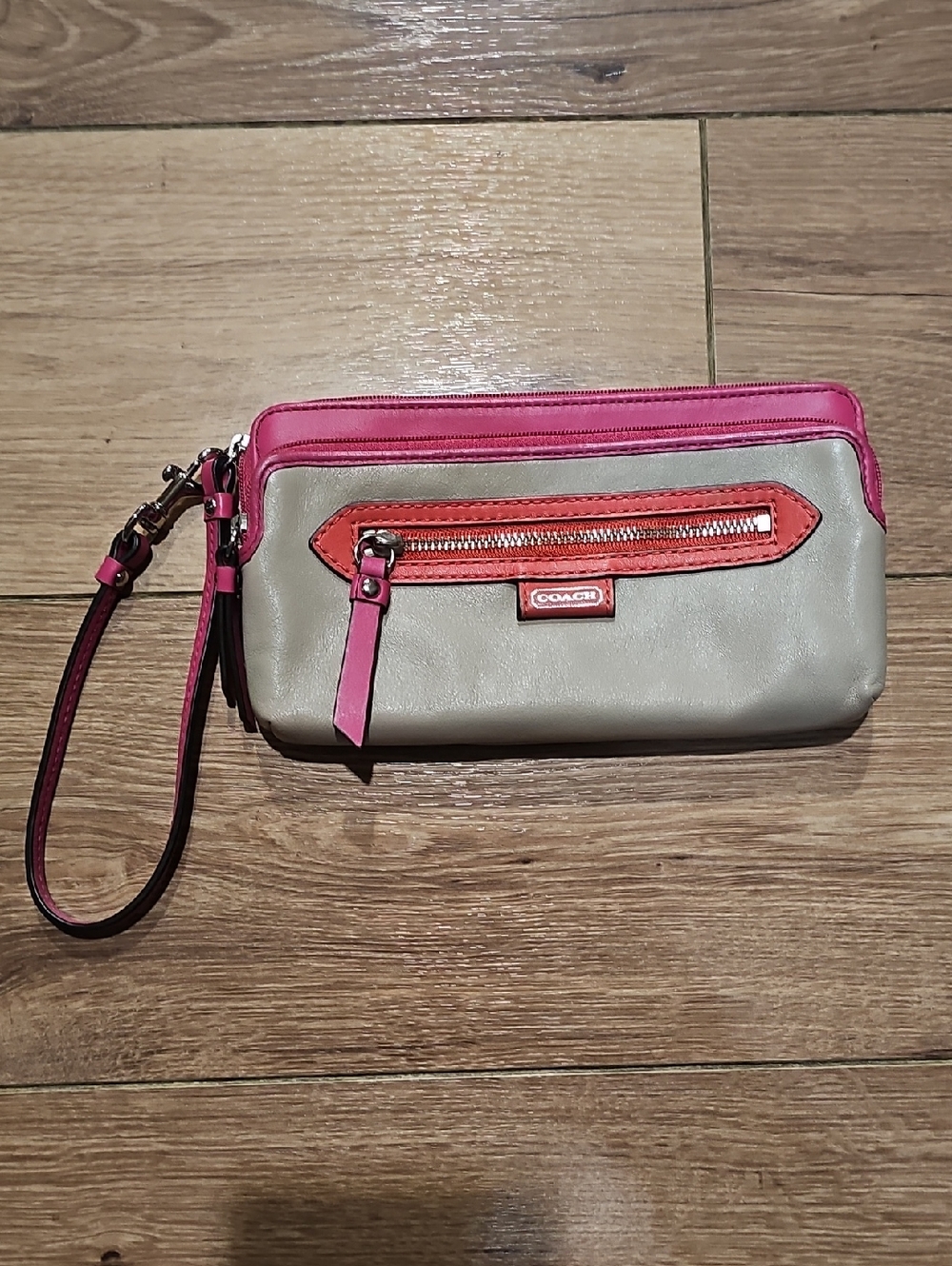Coach Pink, Coral & Gray Leather Wristlet